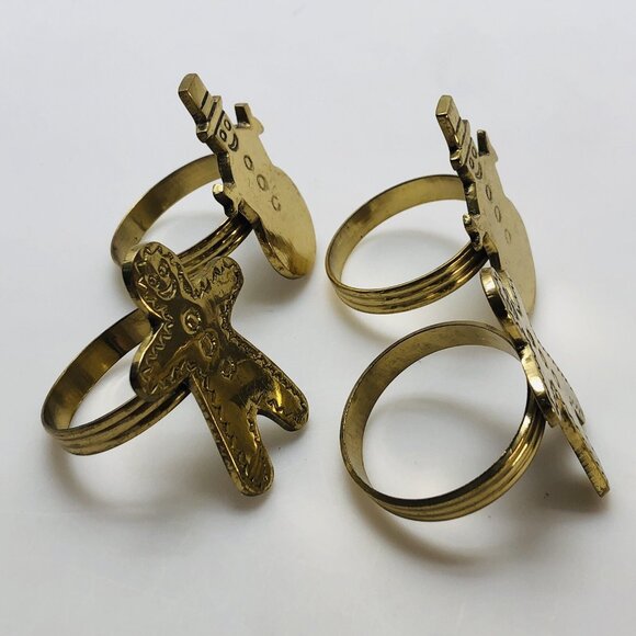 Vintage Napkin Ring Holders Brass Gold Tone Gingerbread Snowman Figures Set Of 4 - Picture 5 of 12